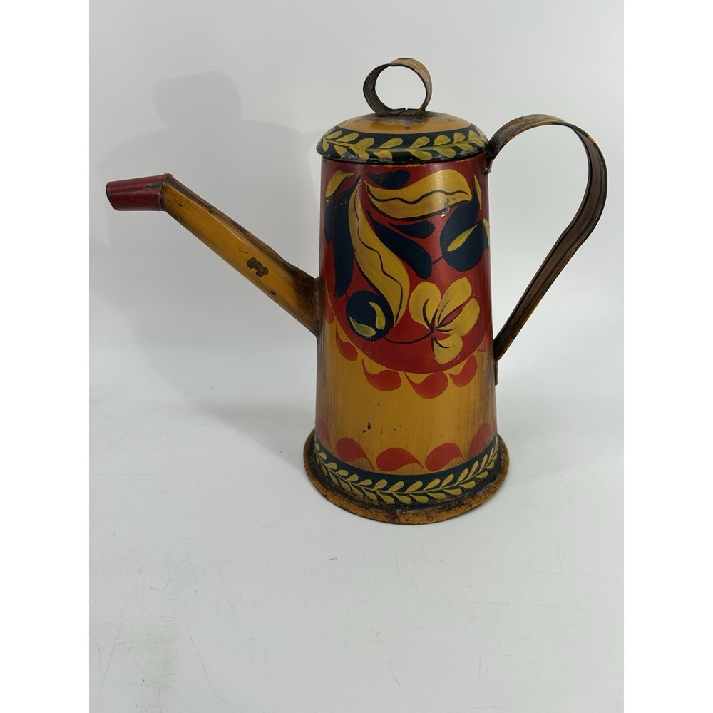 Vintage Hand-painted Folk Art Toleware Coffee Pot